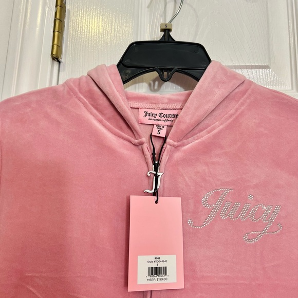 Juicy Couture Rose Bling Velour Tracksuit Hoodie & Pants Rhinestone NWT Size S - Picture 9 of 9